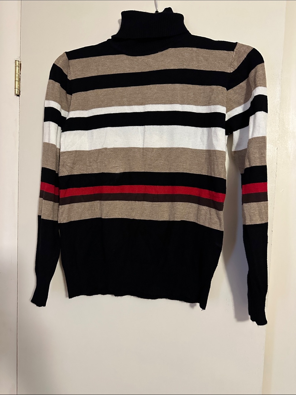 Joseph A Striped Cowl Neck Sweater in Black, Tan, White & Red